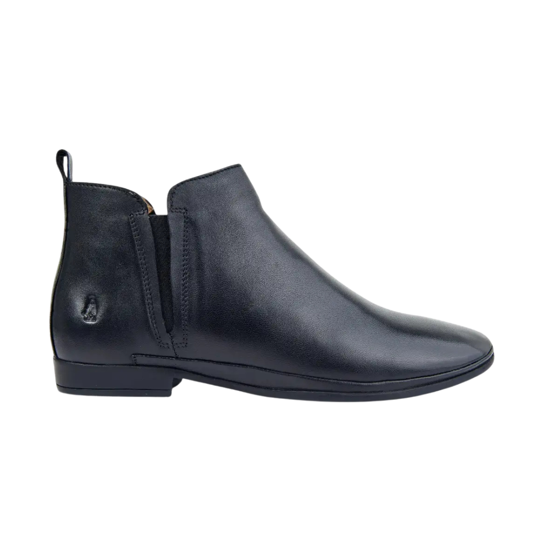 Hush Puppies Coraline 2 black leather ankle boots for women, featuring a sleek ankle-height silhouette and premium leather construction